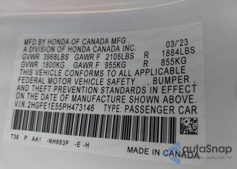 2023 Honda Civic Si Sedan from USA, damaged, VIN 2HGFE1E55PH473146